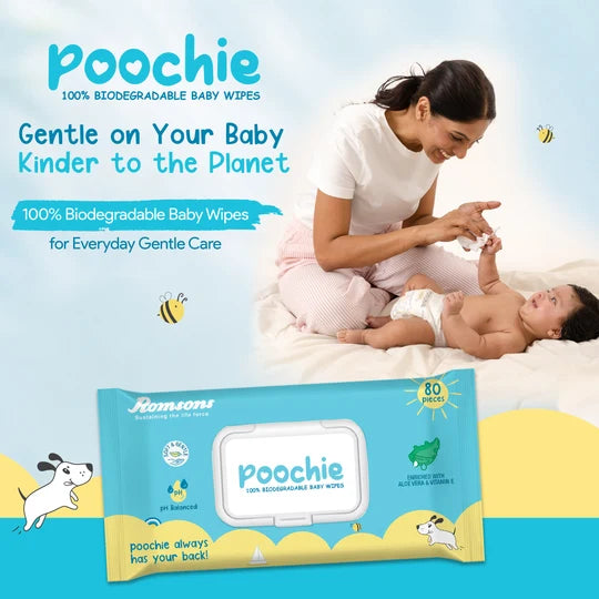 Romsons Poochie 100% Biodegradable Baby Wipes 80 Pieces/Pack