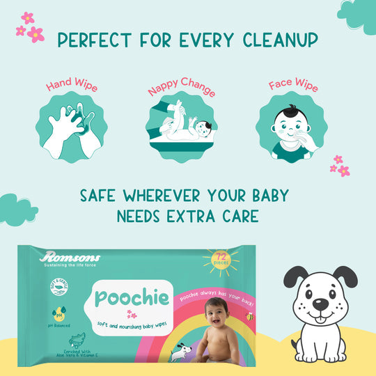 Romsons Poochie Soft & Nourishing Baby Wipes 72 Pieces/Pack