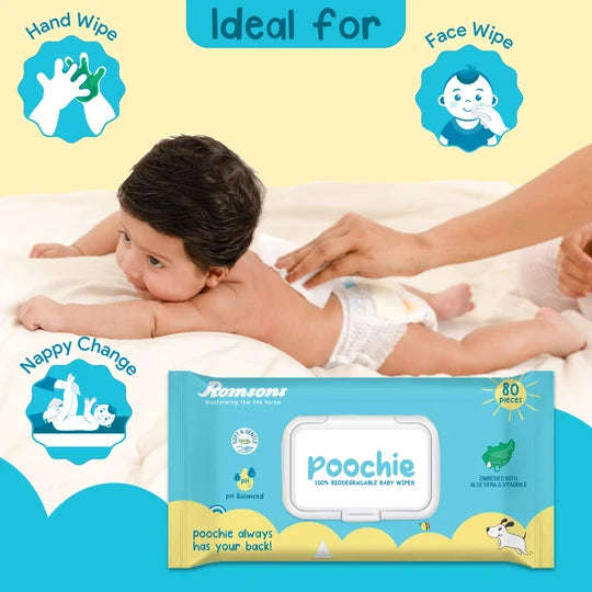 Romsons Poochie 100% Biodegradable Baby Wipes 80 Pieces/Pack