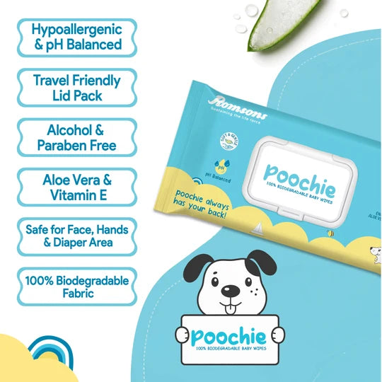 Romsons Poochie 100% Biodegradable Baby Wipes 80 Pieces/Pack
