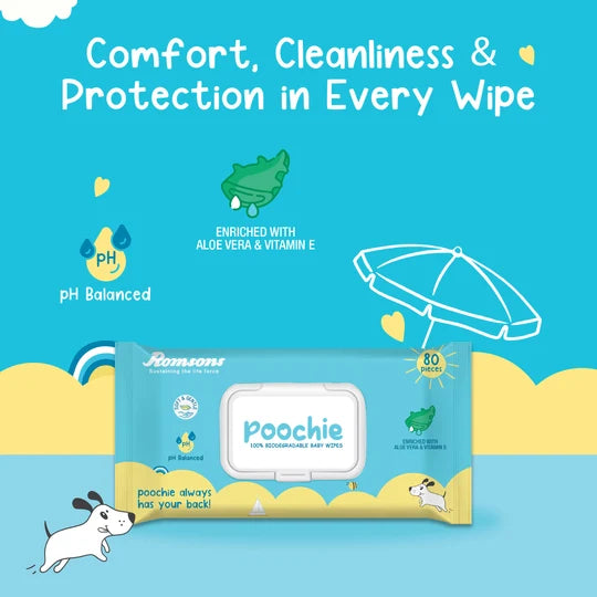 Romsons Poochie 100% Biodegradable Baby Wipes 80 Pieces/Pack