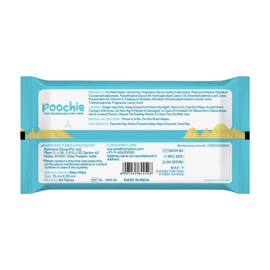 Romsons Poochie 100% Biodegradable Baby Wipes 80 Pieces/Pack