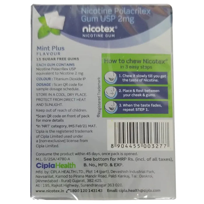 Nicotex 2mg Sugar Free Mint Plus - Flavour Nicotine Gums, 15 Count