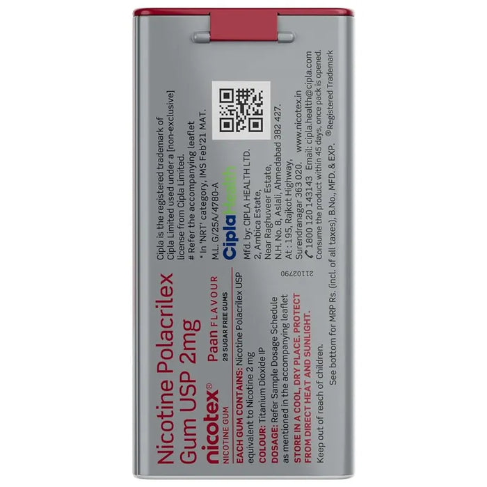 Nicotex 2mg Sugar Free Paan Flavour Nicotine Gums, 29 Count