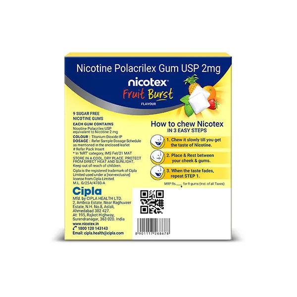 Nicotex 2mg Sugar Free Fruit Burst Flavour Nicotine Gums, 9 Count