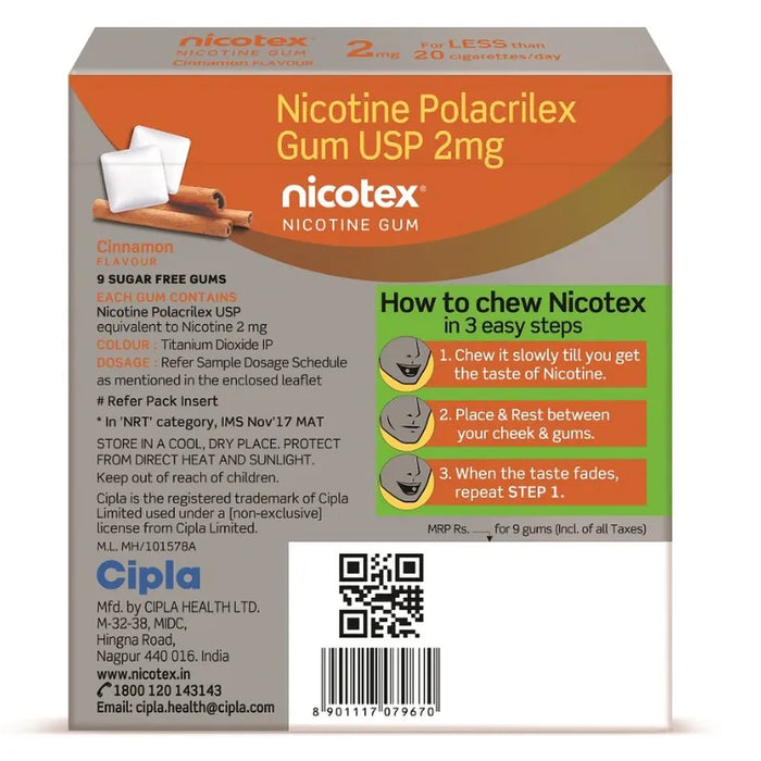 Nicotex 2mg Cinnamon Flavour Nicotine Gums, 9 Count