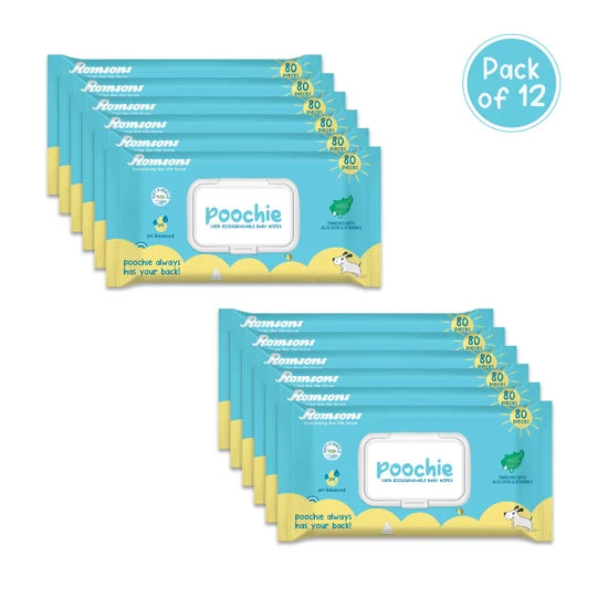 Romsons Poochie 100% Biodegradable Baby Wipes 80 Pieces/Pack