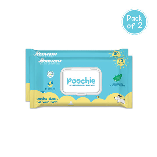 Romsons Poochie 100% Biodegradable Baby Wipes 80 Pieces/Pack