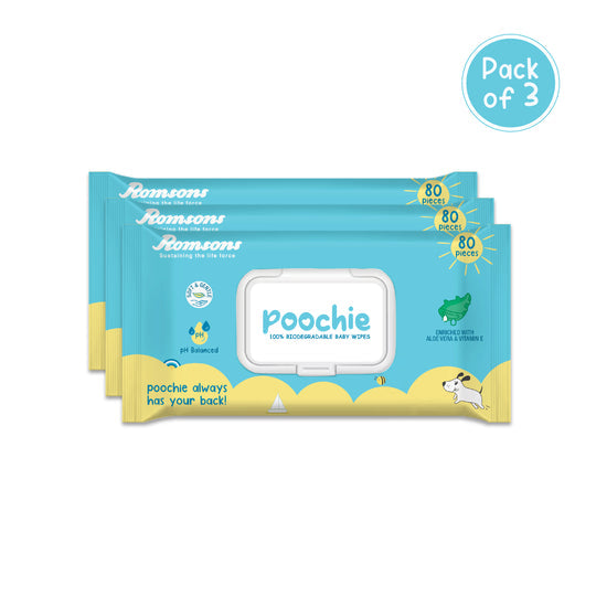 Romsons Poochie 100% Biodegradable Baby Wipes 80 Pieces/Pack